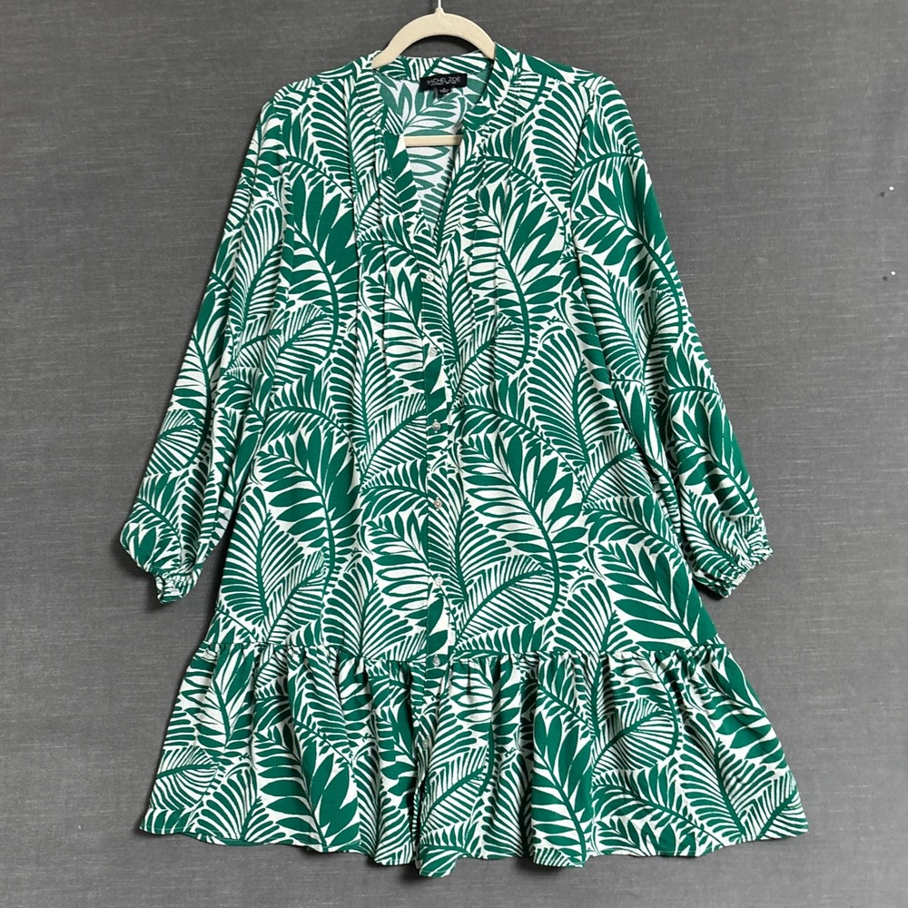 Rachel Zoe Dress S Green Palm Leaf Print Ruffle Drop Waist Resort Boho Shift